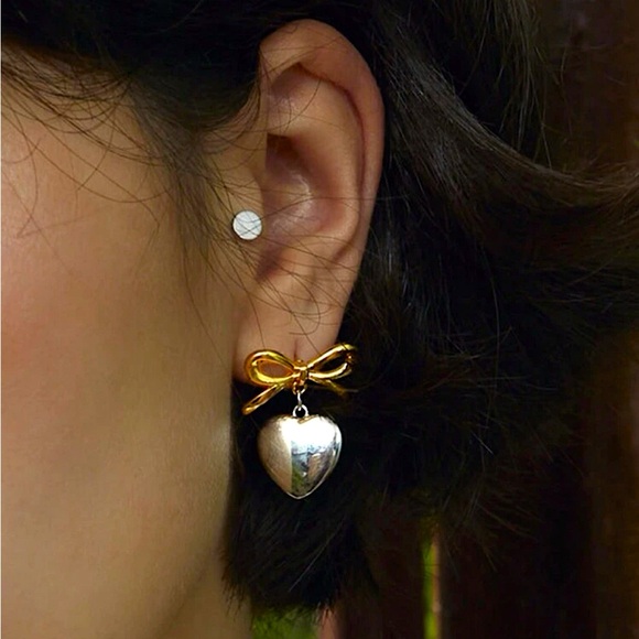 Set of 2 💛 Two-tone Bow Heart Earring Chain Link Bracelet Dual Tone Plated Steel - Picture 4 of 10